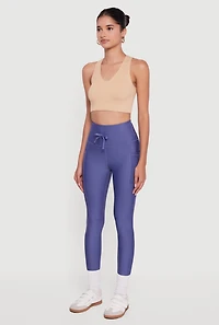 Womens High Waisted Drawstring Leggings with Pockets, Blue, Size L