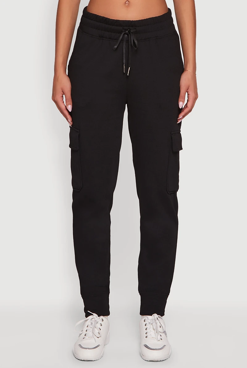 Womens Mid Rise Fleece Joggers with Cargo Pockets,