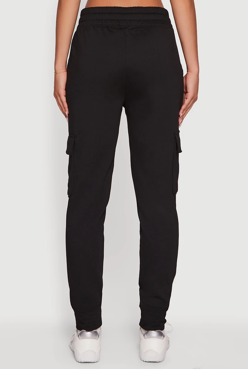 Womens Mid Rise Fleece Joggers with Cargo Pockets,