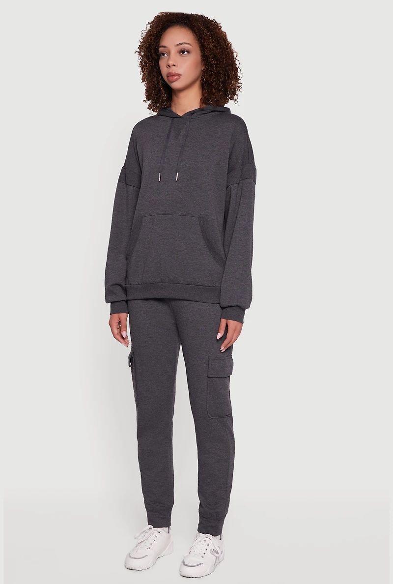 Womens Mid Rise Fleece Joggers with Cargo Pockets, Grey, Size L