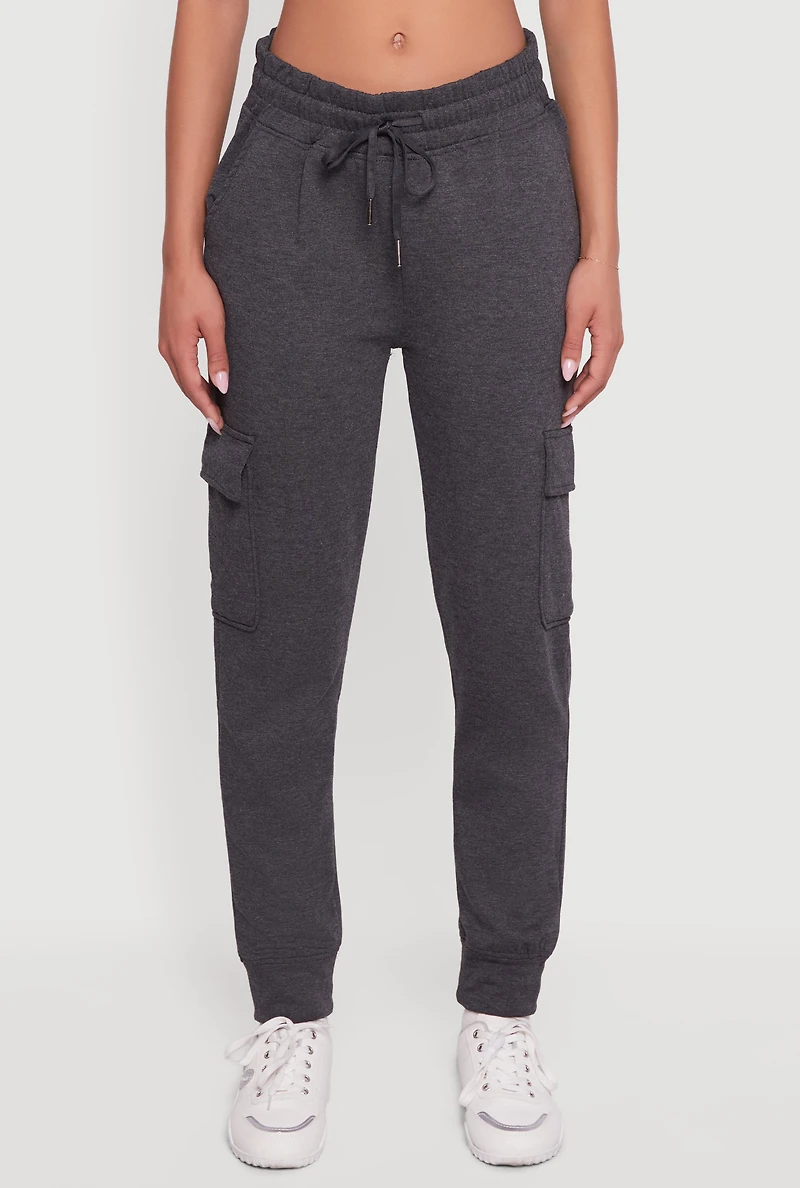 Womens Mid Rise Fleece Joggers with Cargo Pockets, Grey, Size L