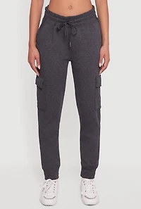 Womens Mid Rise Fleece Joggers with Cargo Pockets, Grey, Size L