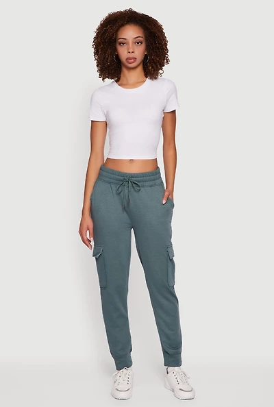 Womens Mid Rise Fleece Joggers with Cargo Pockets, Green, Size M