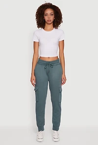 Womens Mid Rise Fleece Joggers with Cargo Pockets, Green, Size M