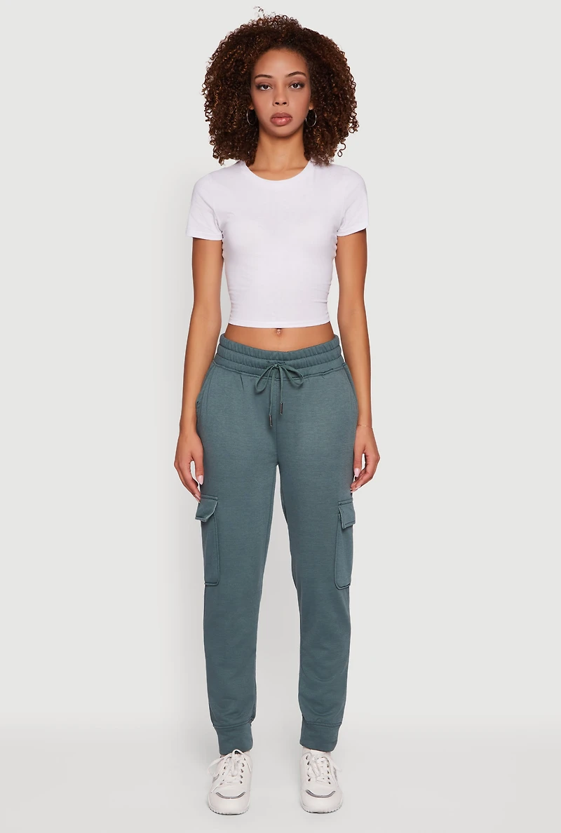 Womens Mid Rise Fleece Joggers with Cargo Pockets, Green, Size L