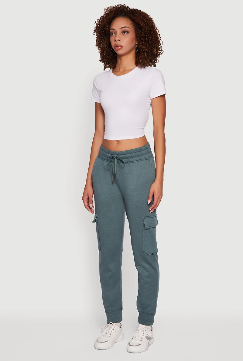 Womens Mid Rise Fleece Joggers with Cargo Pockets, Green, Size L