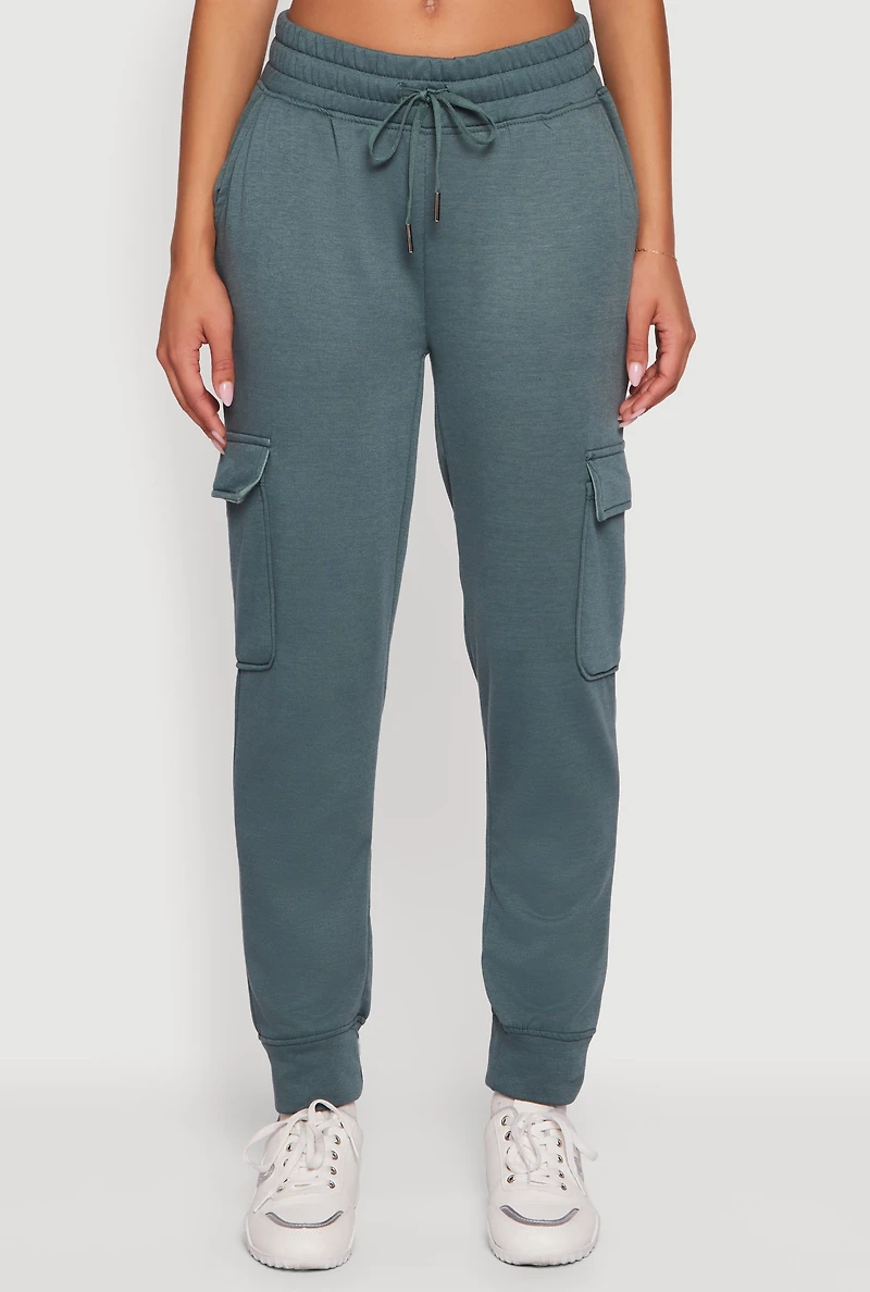 Womens Mid Rise Fleece Joggers with Cargo Pockets, Green, Size M