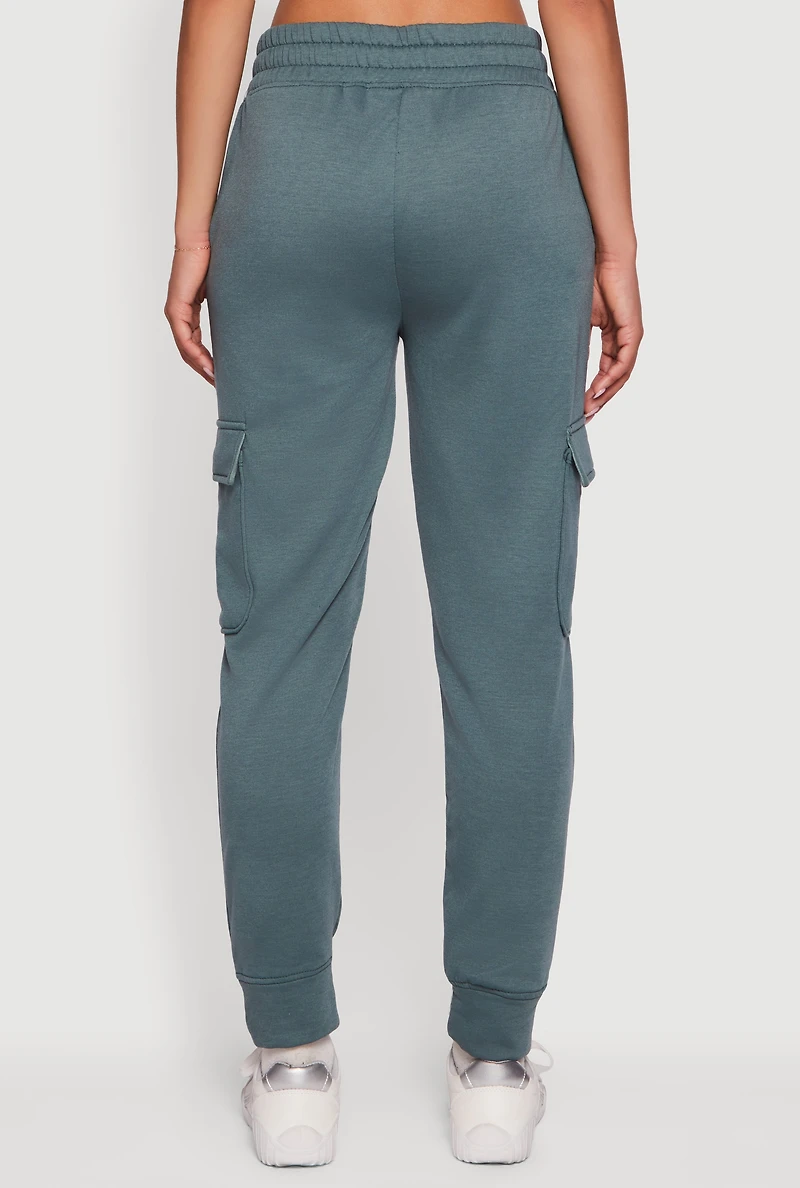 Womens Mid Rise Fleece Joggers with Cargo Pockets, Green, Size L