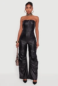 Faux Leather Strapless Cargo Pocket Wide Leg Jumpsuit