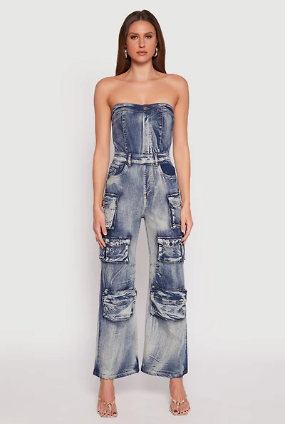 Spoon Jeans Denim Acid Wash Cargo Jumpsuit