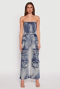 Spoon Jeans Denim Acid Wash Cargo Jumpsuit
