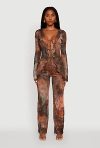 Printed Mesh Long Sleeve Ruffle Overlay Jumpsuit