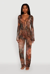Womens Printed Mesh Long Sleeve Ruffle Overlay Jumpsuit, Brown,