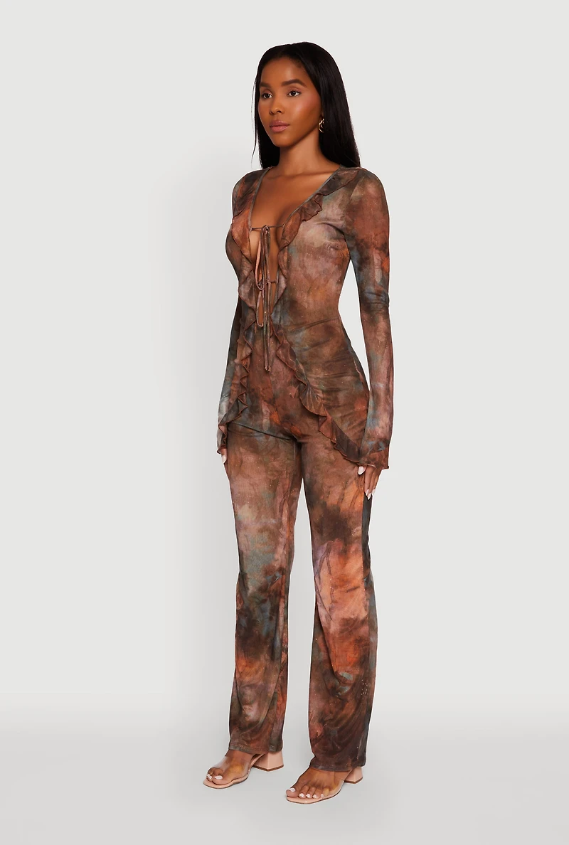 Womens Printed Mesh Long Sleeve Ruffle Overlay Jumpsuit, Brown,