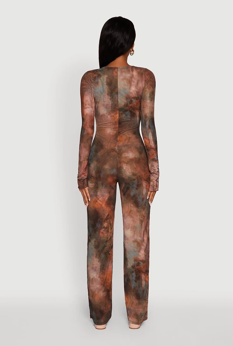 Womens Printed Mesh Long Sleeve Ruffle Overlay Jumpsuit, Brown,
