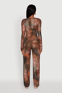 Womens Printed Mesh Long Sleeve Ruffle Overlay Jumpsuit, Brown, Size M