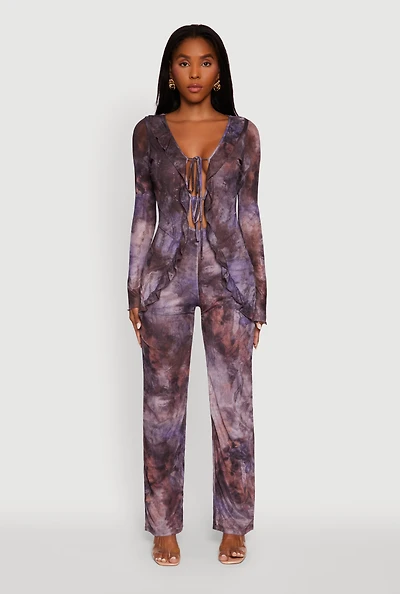 Womens Printed Mesh Long Sleeve Ruffle Overlay Jumpsuit, Multi, Size L