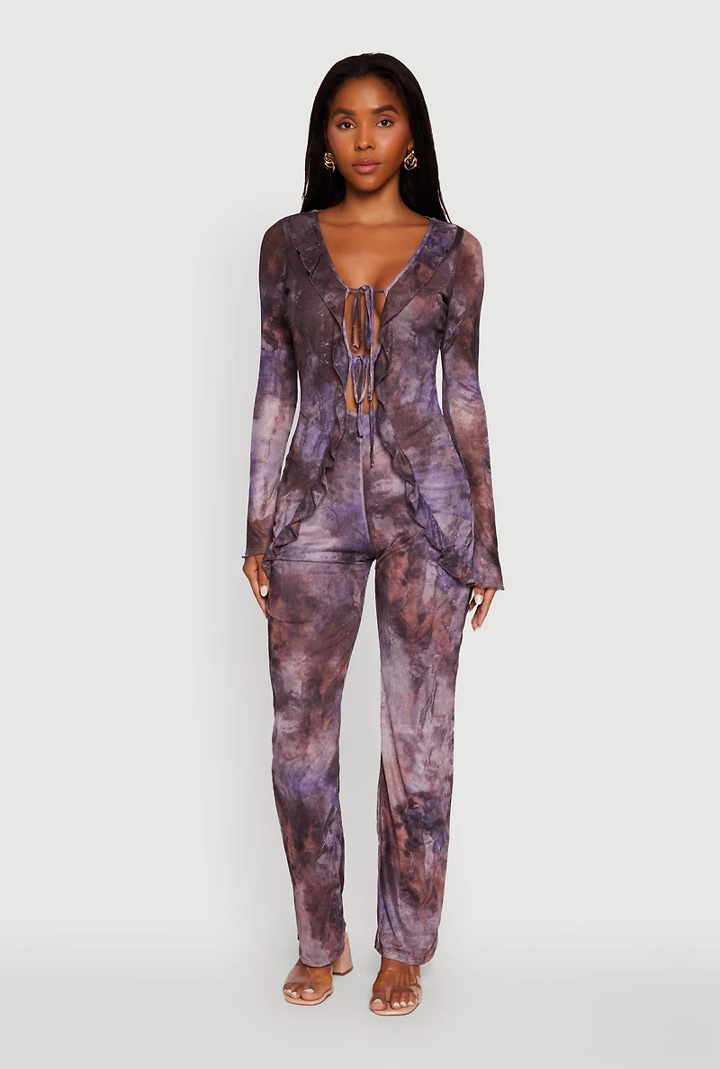 Womens Printed Mesh Long Sleeve Ruffle Overlay Jumpsuit, Multi, Size M
