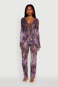 Womens Printed Mesh Long Sleeve Ruffle Overlay Jumpsuit, Multi, Size M