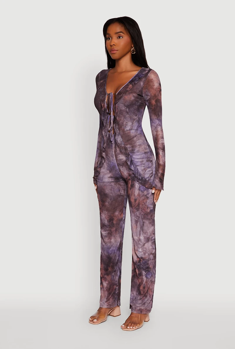 Womens Printed Mesh Long Sleeve Ruffle Overlay Jumpsuit, Multi, Size M