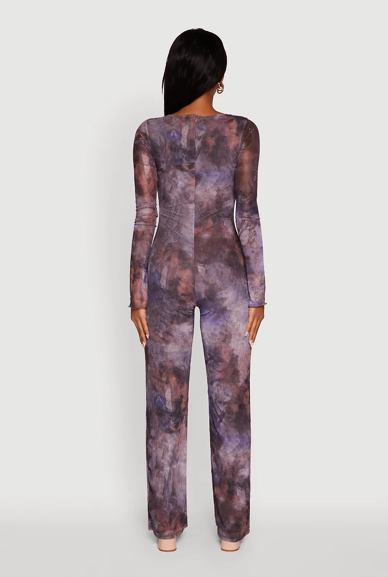 Womens Printed Mesh Long Sleeve Ruffle Overlay Jumpsuit, Multi, Size M