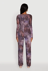 Womens Printed Mesh Long Sleeve Ruffle Overlay Jumpsuit, Multi, Size M