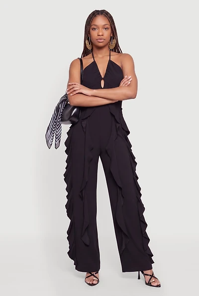 Ruffle Detail Wide Leg Halter Jumpsuit
