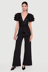 Womens Tiered Sleeve Tie Waist Belted Faux Wrap Jumpsuit, Black, Size S