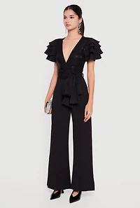 Tiered Sleeve Tie Waist Belted Faux Wrap Jumpsuit