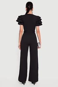 Womens Tiered Sleeve Tie Waist Belted Faux Wrap Jumpsuit, Black, Size S