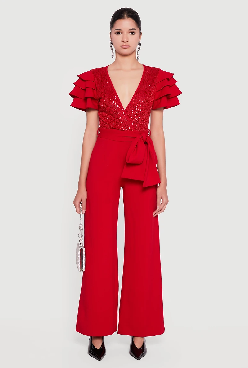 Tiered Sleeve Tie Waist Belted Faux Wrap Jumpsuit