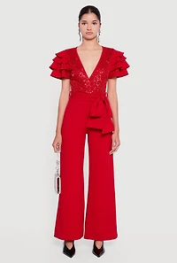 Tiered Sleeve Tie Waist Belted Faux Wrap Jumpsuit