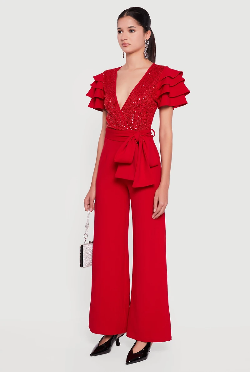 Womens Tiered Sleeve Tie Waist Belted Faux Wrap Jumpsuit, Red, Size M