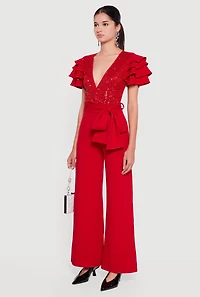 Womens Tiered Sleeve Tie Waist Belted Faux Wrap Jumpsuit, Red, Size M