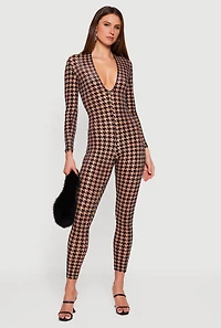 Houndstooth Velvet Burnout Long Sleeve Plunge Neck Jumpsuit