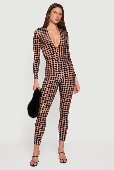 Houndstooth Velvet Burnout Long Sleeve Plunge Neck Jumpsuit