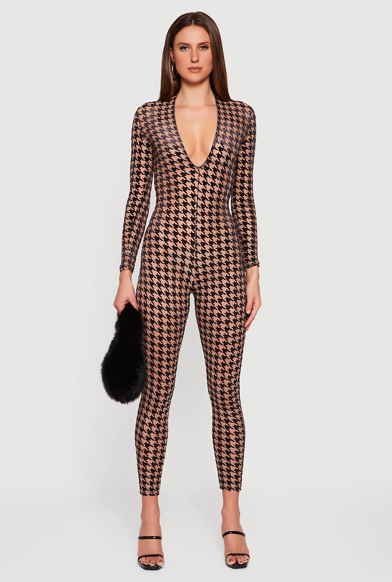 Womens Houndstooth Velvet Burnout Long Sleeve Plunge Neck Jumpsuit, Beige, Size L