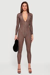 Womens Houndstooth Velvet Burnout Long Sleeve Plunge Neck Jumpsuit, Beige, Size L