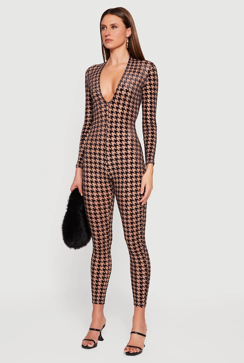 Womens Houndstooth Velvet Burnout Long Sleeve Plunge Neck Jumpsuit, Beige, Size M