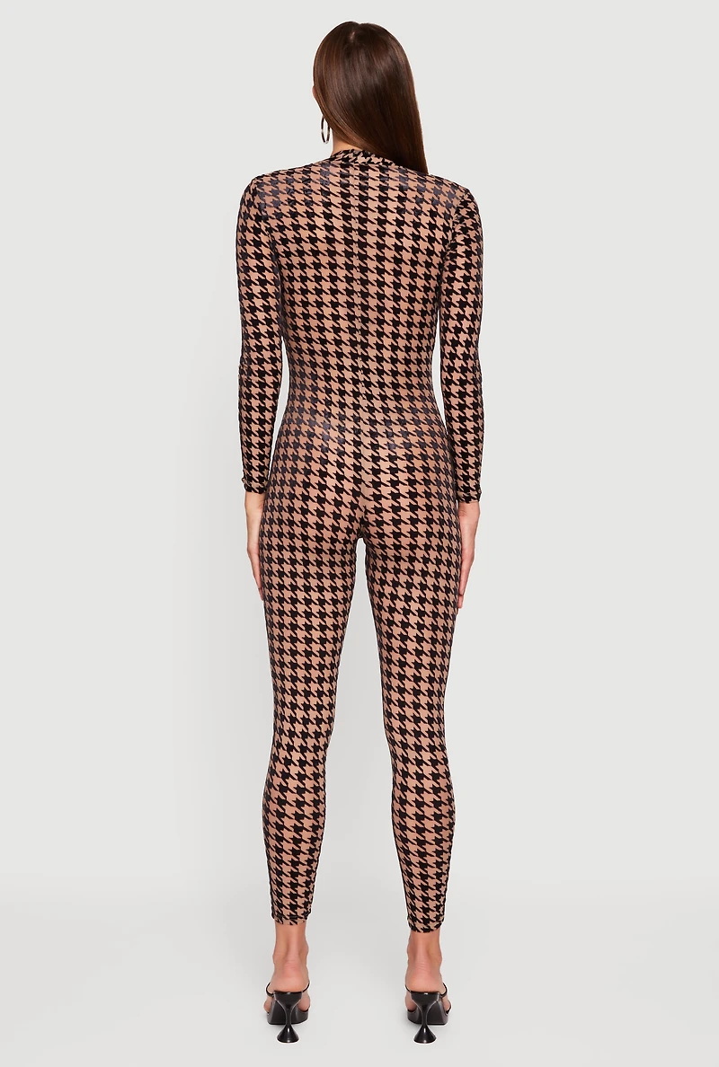 Womens Houndstooth Velvet Burnout Long Sleeve Plunge Neck Jumpsuit, Beige, Size L