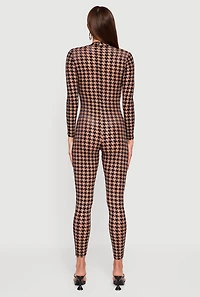 Womens Houndstooth Velvet Burnout Long Sleeve Plunge Neck Jumpsuit, Beige, Size L