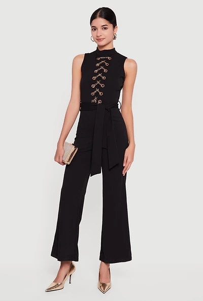 Chain Lace Up Crepe Knit Flare Leg Jumpsuit