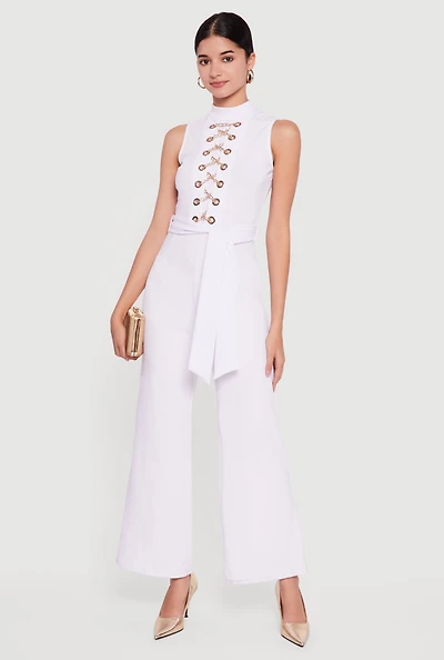 Chain Lace Up Crepe Knit Flare Leg Jumpsuit