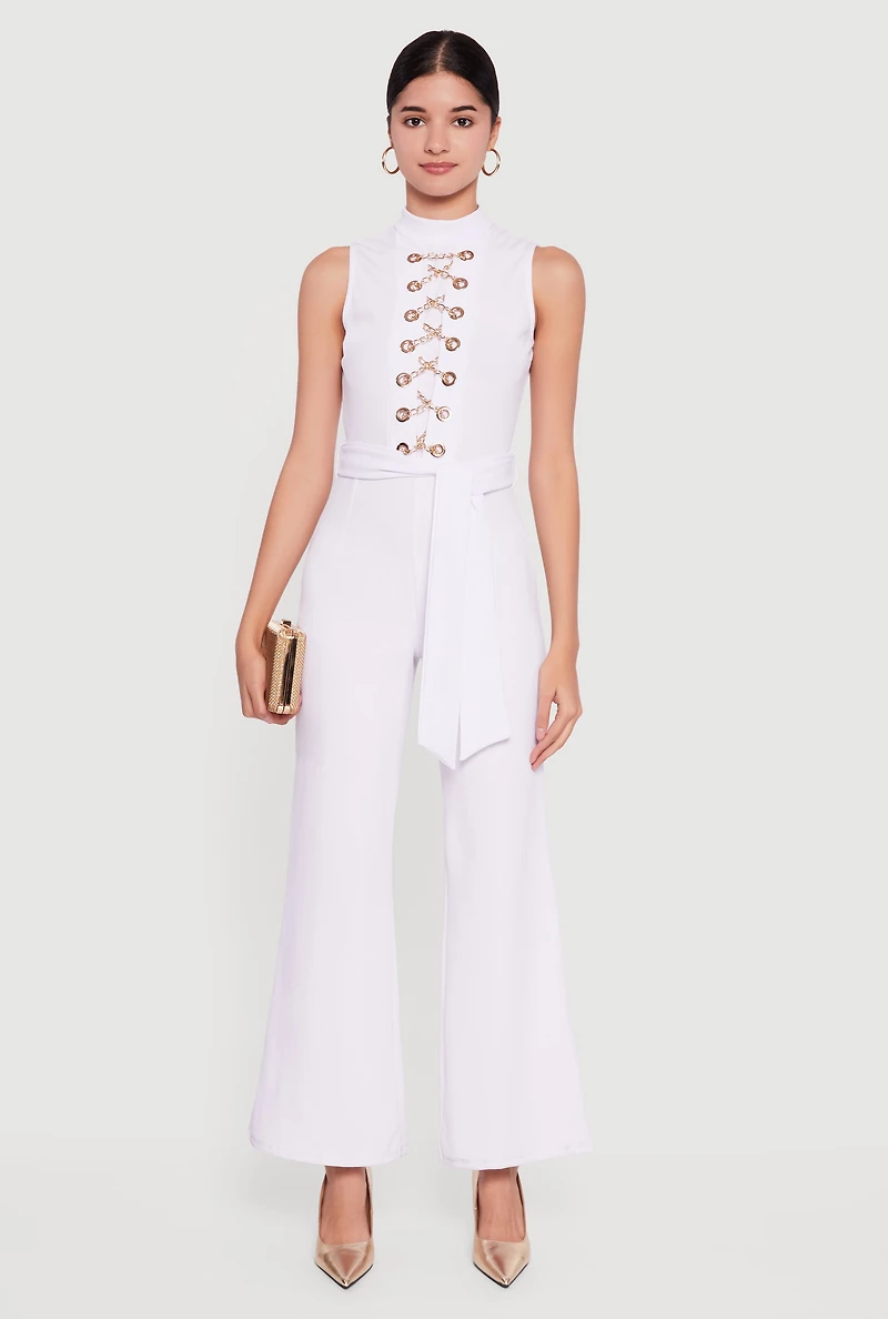 Womens Chain Lace Up Crepe Knit Flare Leg Jumpsuit, White, Size XL