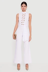 Womens Chain Lace Up Crepe Knit Flare Leg Jumpsuit, White, Size XL