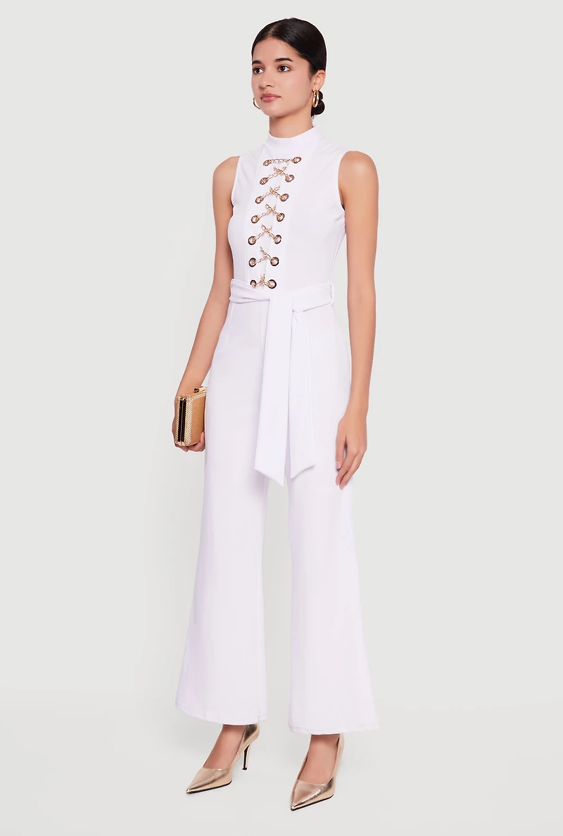 Womens Chain Lace Up Crepe Knit Flare Leg Jumpsuit, White, Size XL