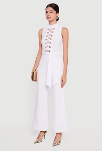 Womens Chain Lace Up Crepe Knit Flare Leg Jumpsuit, White, Size XL