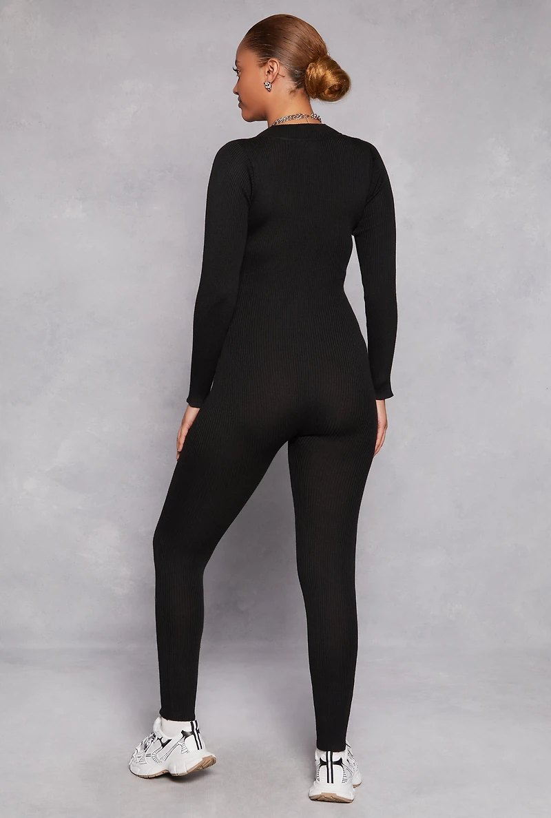 Ribbed Knit Zip Front Long Sleeve Catsuit