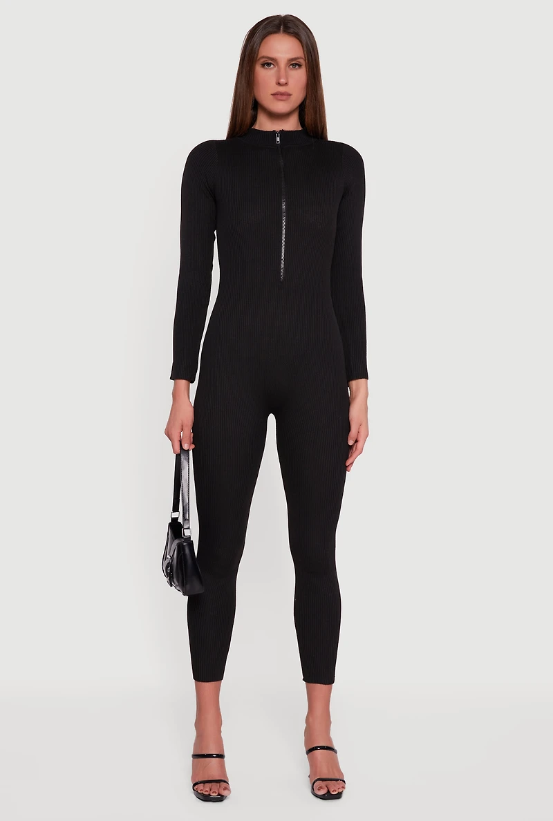 Womens Zip Front Mock Neck Ribbed Knit Jumpsuit, Black, Size S