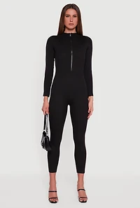 Womens Zip Front Mock Neck Ribbed Knit Jumpsuit, Black, Size S